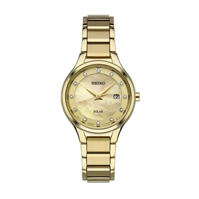 Seiko Gold Tone 29mm Steel Diamond MOP Dial Solar Women's Watch SUT320