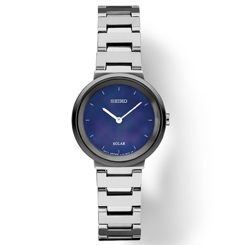Seiko Essentials Stainless Steel Blue MOP Dial 27.5mm Solar Women's Watch SUP385