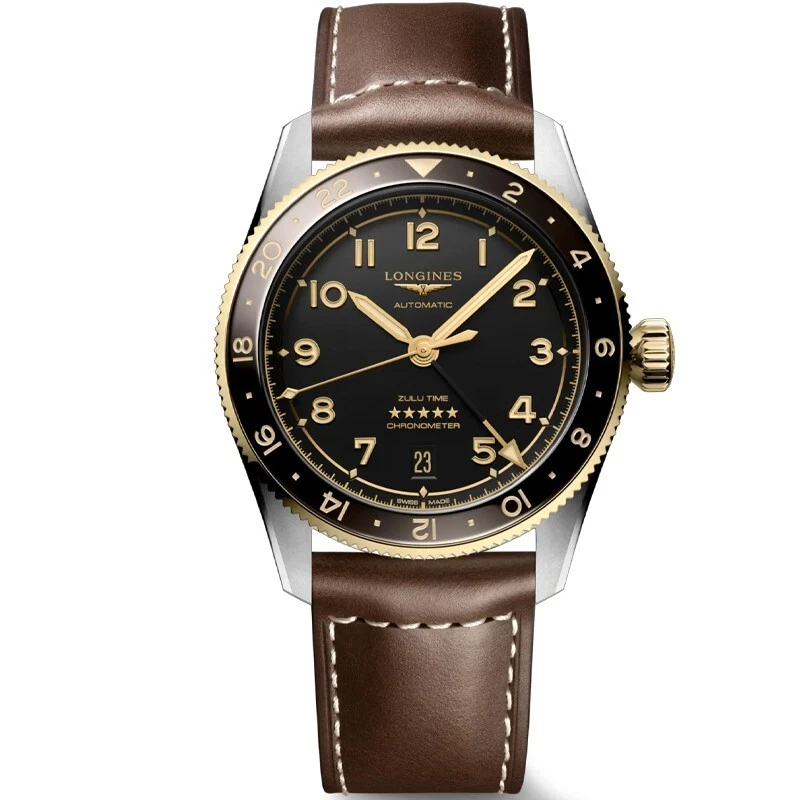 Longines Spirit Zulu Time 39mm 18kt Bezel Leather Men's Watch L38025532