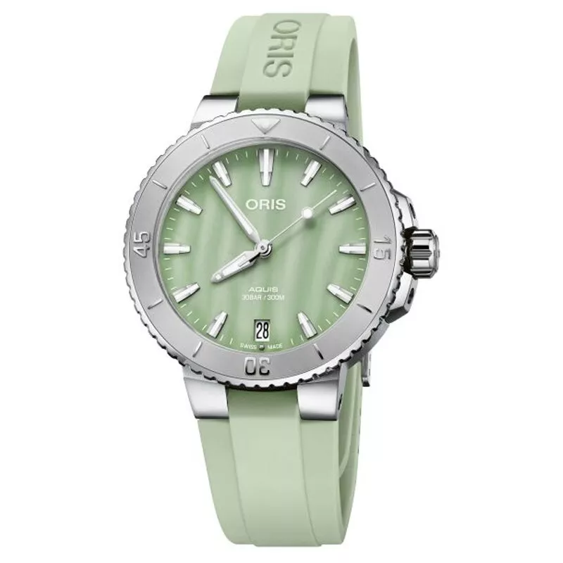 Oris Aquis Date Green MOP Dial Rubber Womens Watch 01 733 7770 4157-07 4 18 67FC