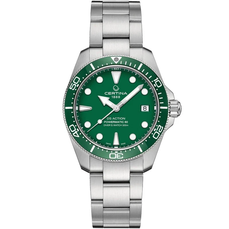 Certina DS Action Diver Powermatic 80 38mm Green Dial Stainless Steel Bracelet Men's Swiss Diving Watch C0488071109100