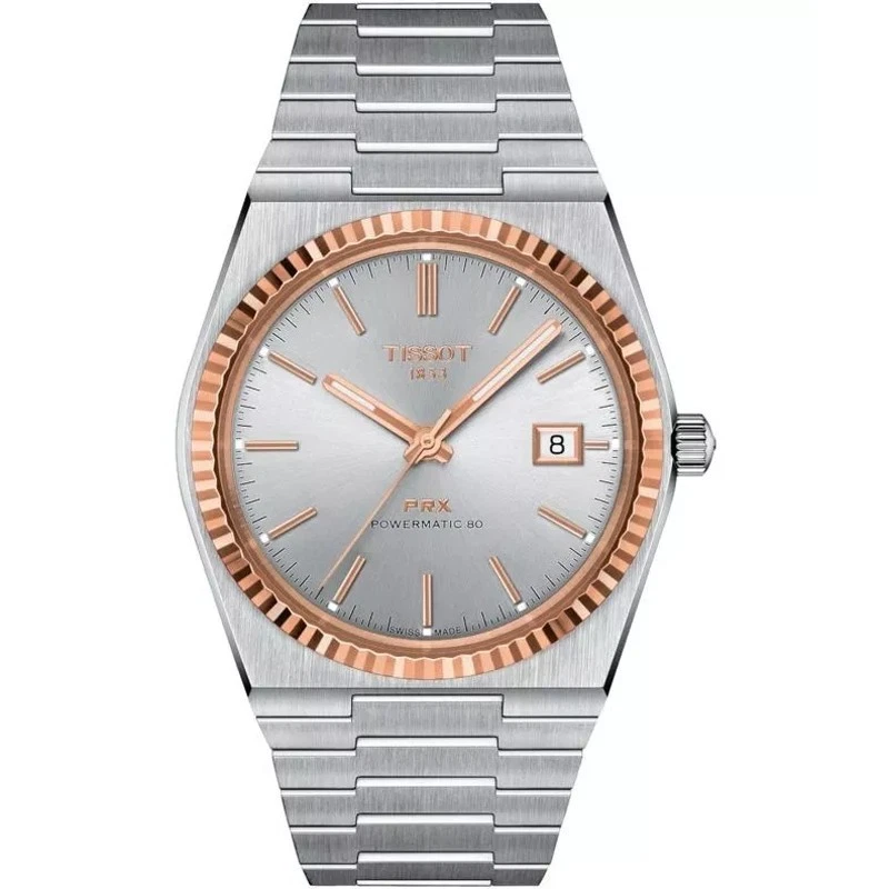 Tissot PRX Powermatic 80 Automatic 40mm Silver Dial 18K Gold Bezel Steel Bracelet Men's Watch T931.407.41.031.00 T9314074103100