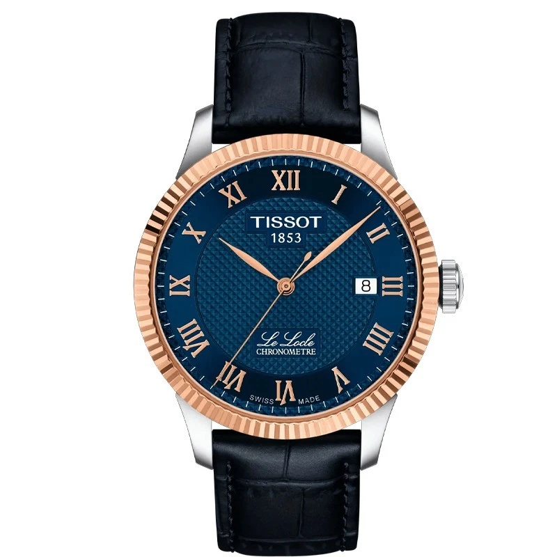 Tissot Le Locle Automatic 39.3mm Blue Guilloche Dial 18K Gold Case Leather Strap Men's Watch T932.408.46.043.00 T9324084604300