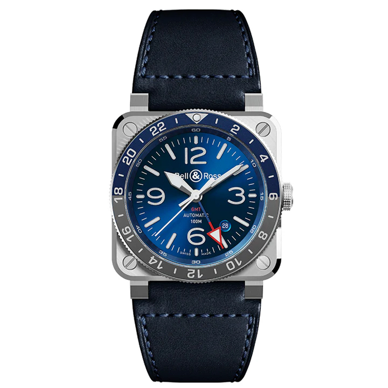 Bell & Ross BR 03-93 GMT Blue Dial Leather Strap Men's Watch BR0393-BLU-ST